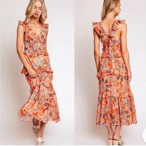 NWT Misa Los Angeles Morrison Maxi Tie Back Maxi Dress Tangerine Floral